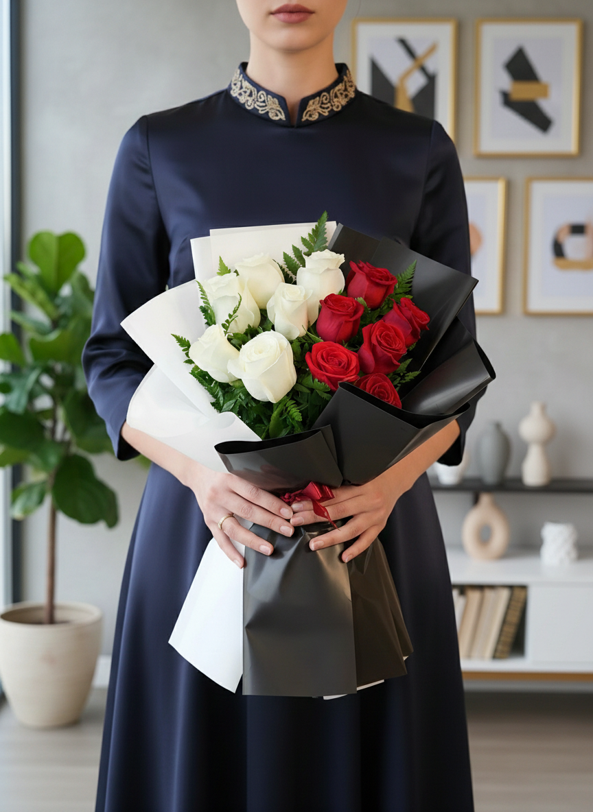 12 Adet Kırmızı Beyaz Gül Buketi