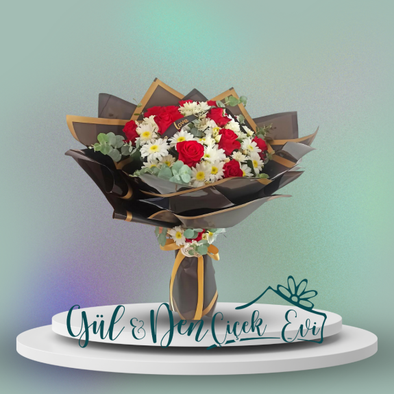 12Li Kırmızı Gül Ve Papatya Buketi