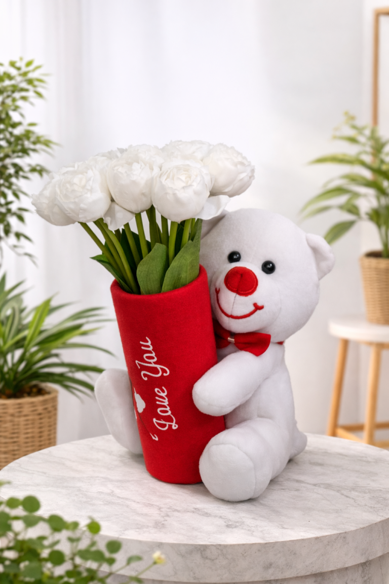 Ayıcıklı Beyaz Şakayık Aranjmanı